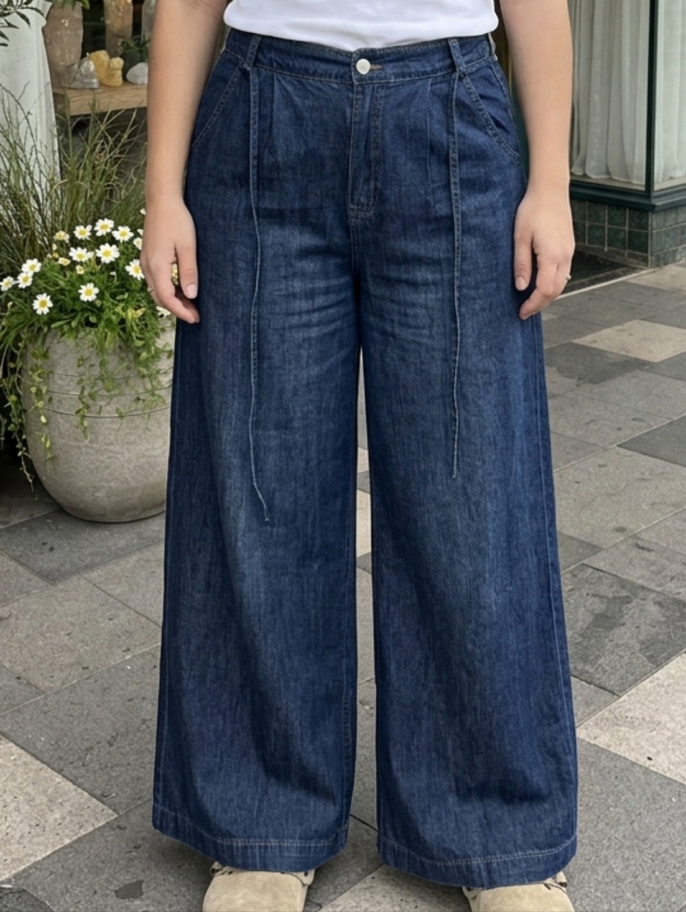 Davi & Dani Dark Wash Lightweight Wide Leg Elastic Tie Waist Denim Flowy Jeans